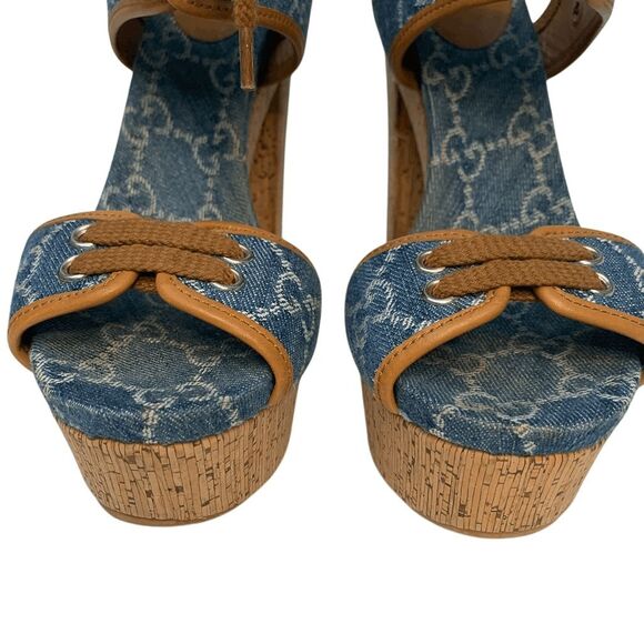 Gucci Double GG Logo Canvas Platform Sandal EU 38 US 8 Blue Slingback High Heel - Picture 4 of 11